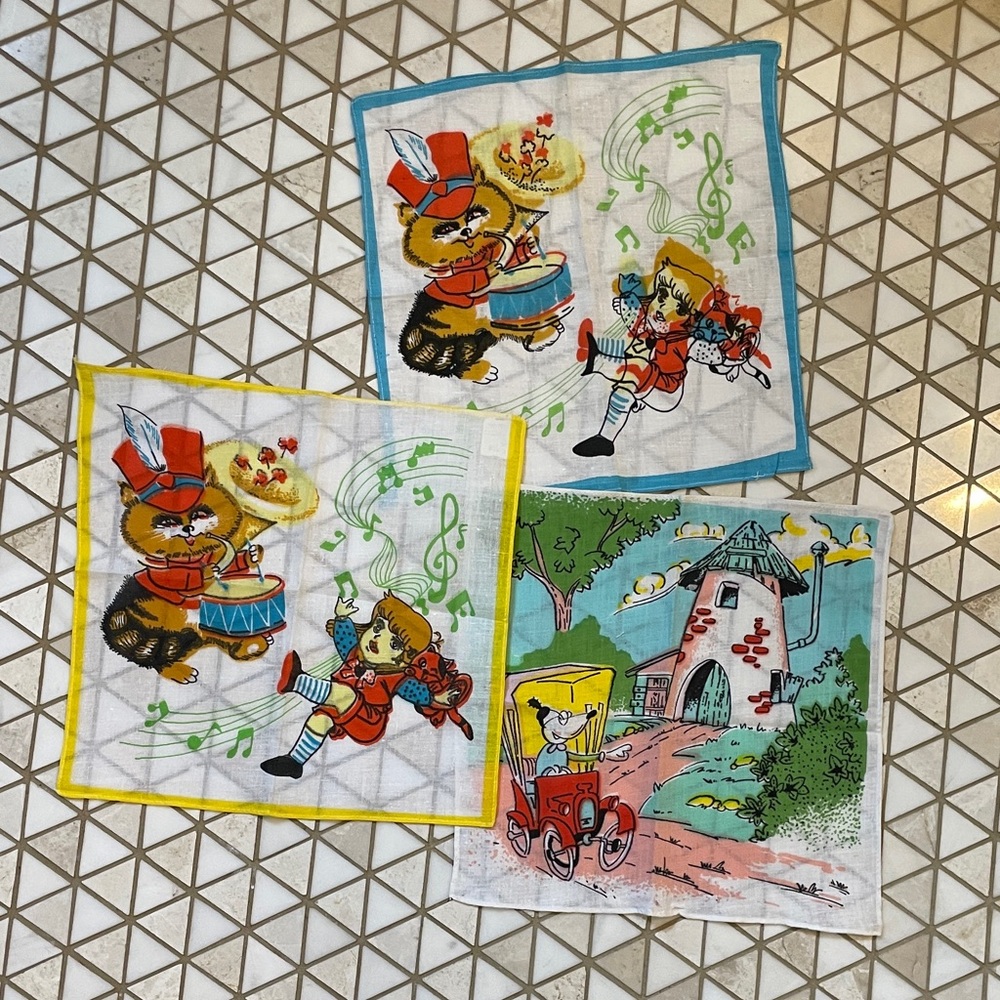 Set of 3 Vintage Children’s Handkerchiefs 1950s